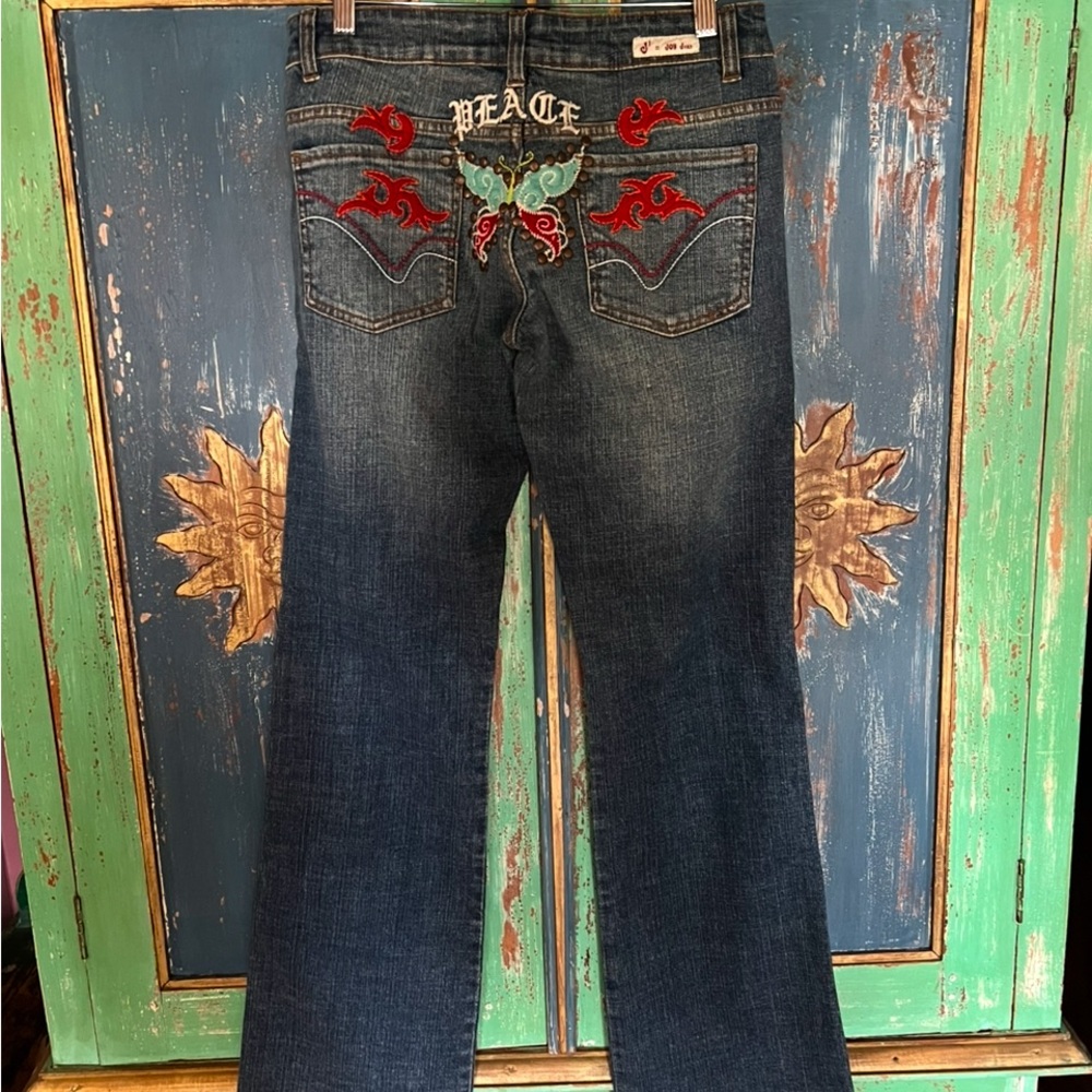 Boho Hippie Festival Embroidered Flare Jeans with Butterfly Flame Peace